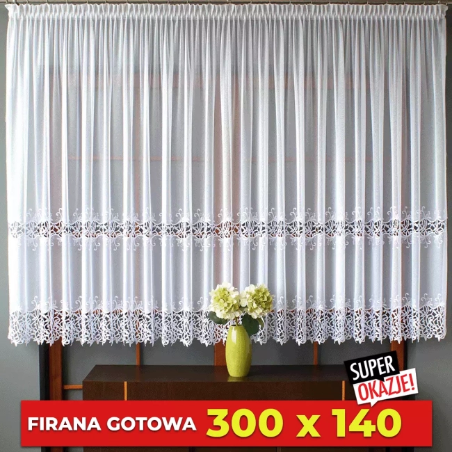 Firana gotowa 300x140 z GIPIURĄ - Firana do kuchni gipiurowa - Ostatnia sztuka!